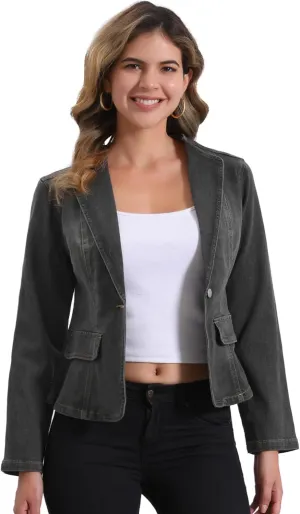 Allegra K Women Cropped Jean Jacket Long Sleeve Lapel Collar One Button Lightweight Stretchy Fitted Denim Shacket Jackets