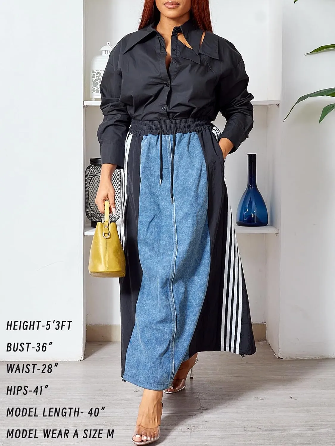 Angsuttc Long Denim Skirts for Women A Line Drawstring Jean Skirt Stripes Patchwork Elastic High Waist Maxi Skirt Pockets