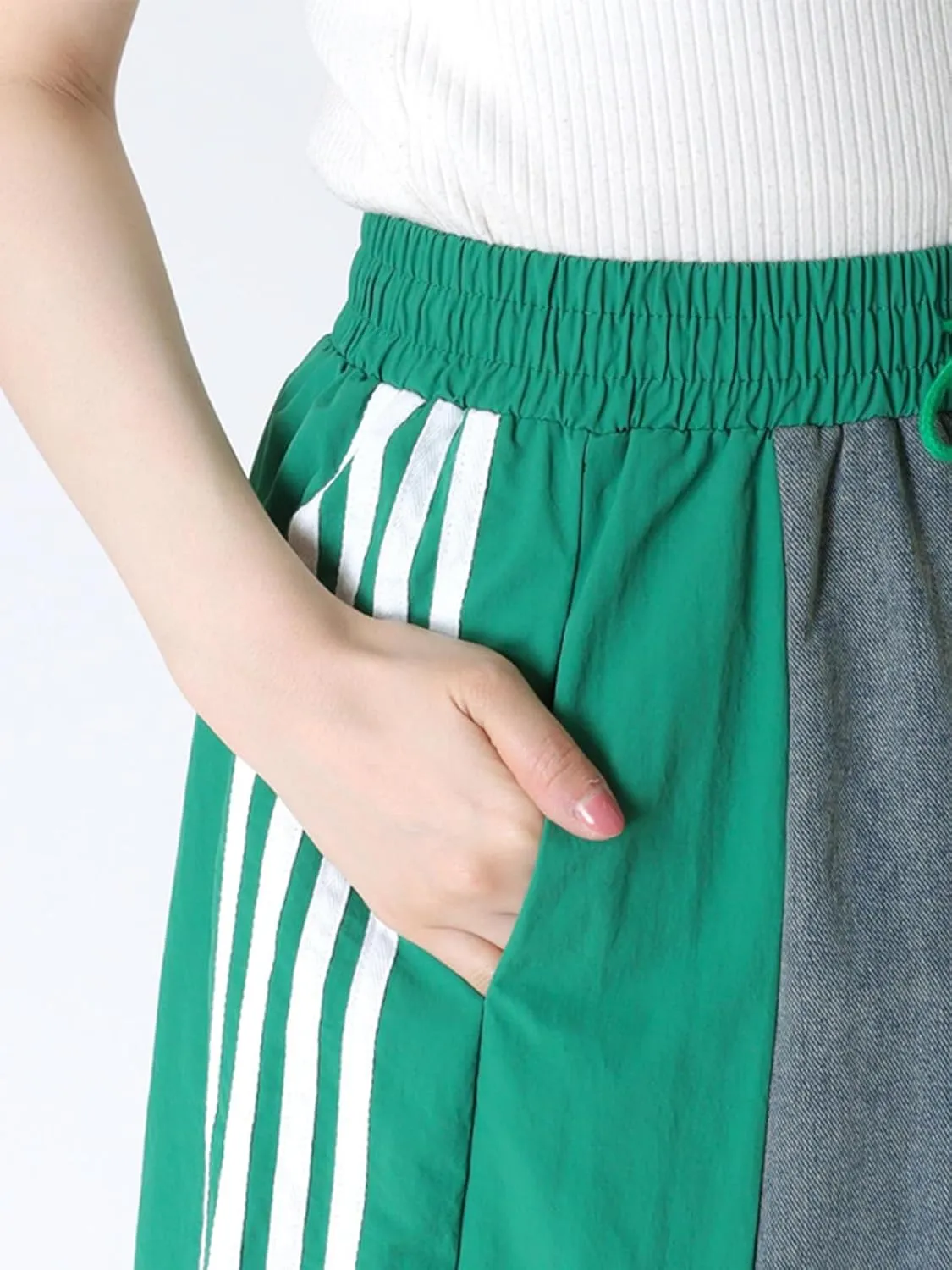 Angsuttc Long Denim Skirts for Women A Line Drawstring Jean Skirt Stripes Patchwork Elastic High Waist Maxi Skirt Pockets
