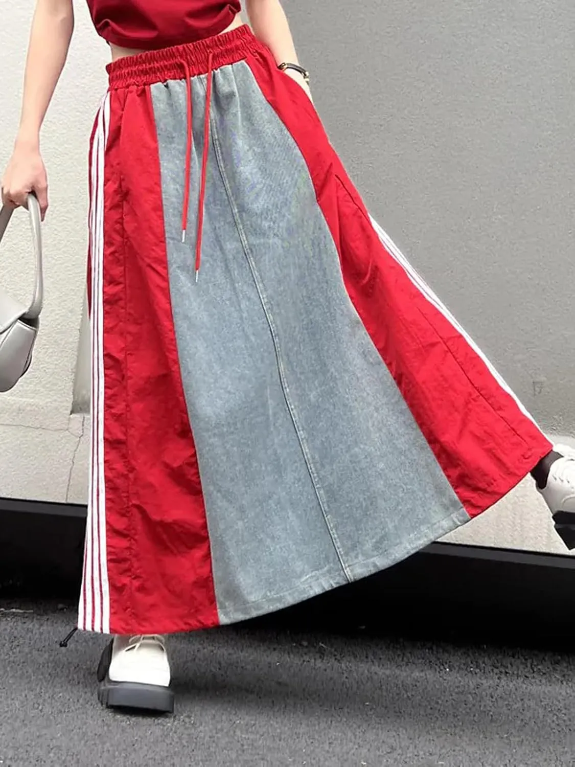 Angsuttc Long Denim Skirts for Women A Line Drawstring Jean Skirt Stripes Patchwork Elastic High Waist Maxi Skirt Pockets