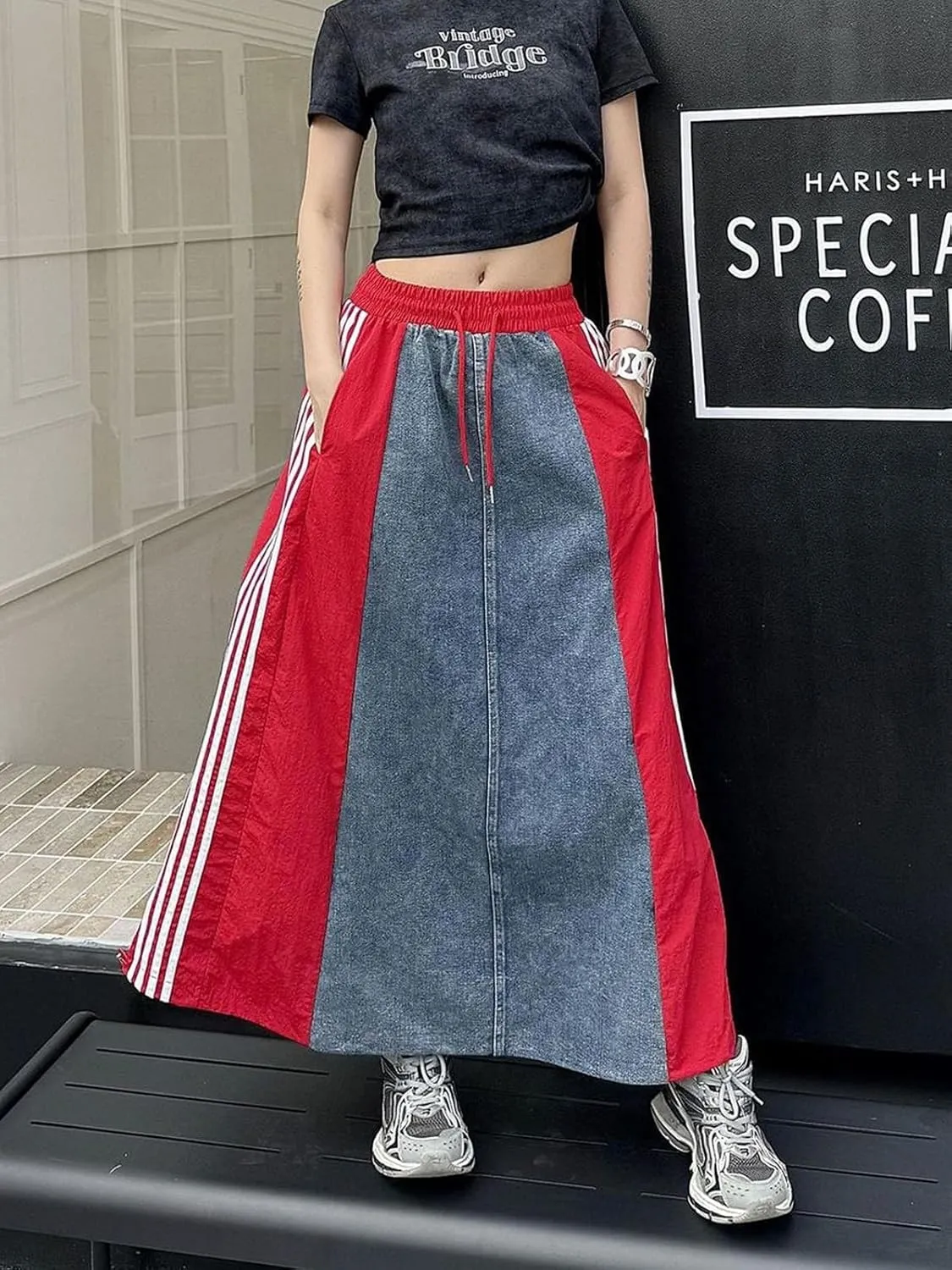 Angsuttc Long Denim Skirts for Women A Line Drawstring Jean Skirt Stripes Patchwork Elastic High Waist Maxi Skirt Pockets