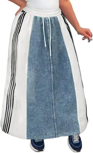 Angsuttc Long Denim Skirts for Women A Line Drawstring Jean Skirt Stripes Patchwork Elastic High Waist Maxi Skirt Pockets