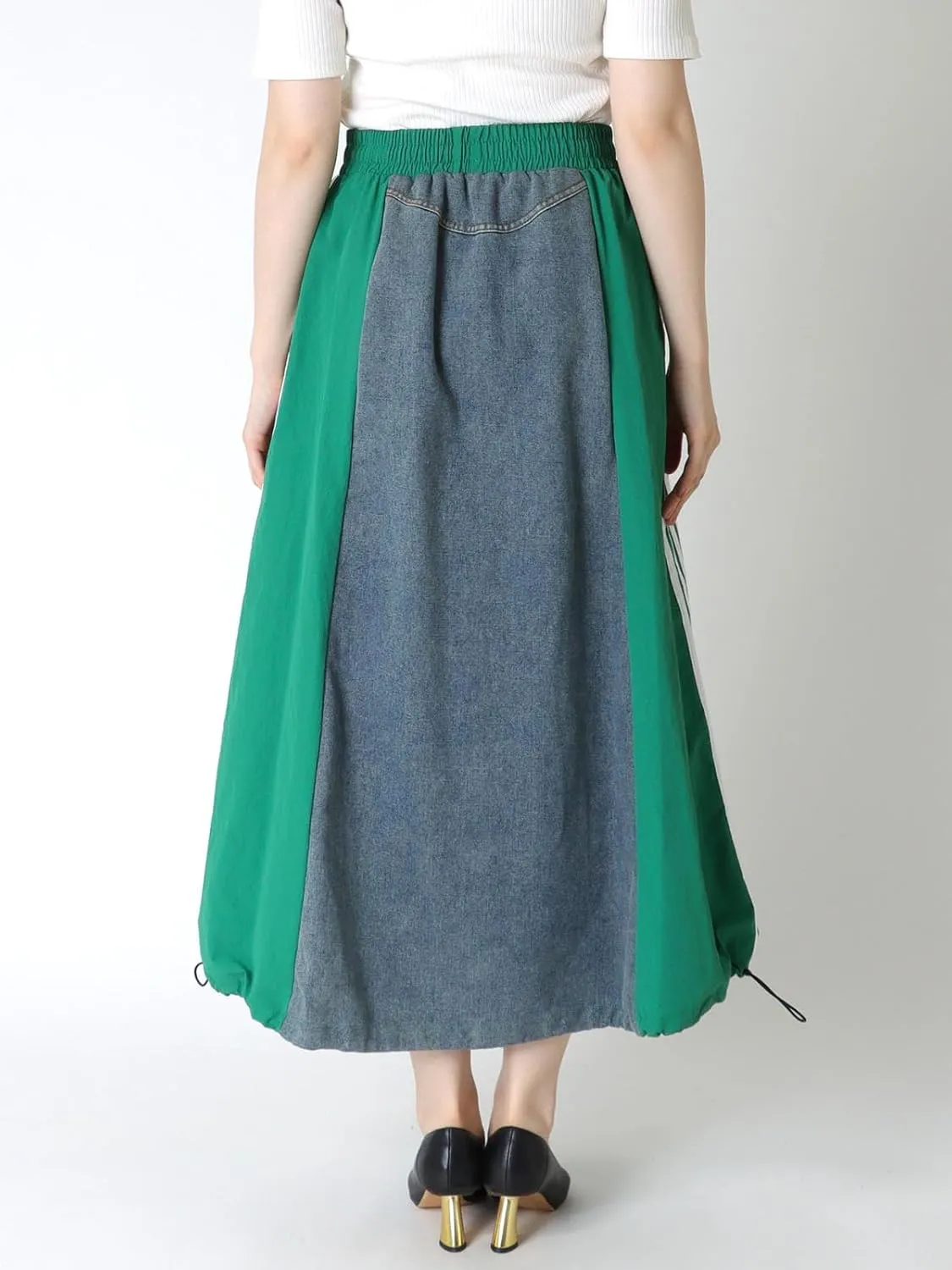 Angsuttc Long Denim Skirts for Women A Line Drawstring Jean Skirt Stripes Patchwork Elastic High Waist Maxi Skirt Pockets