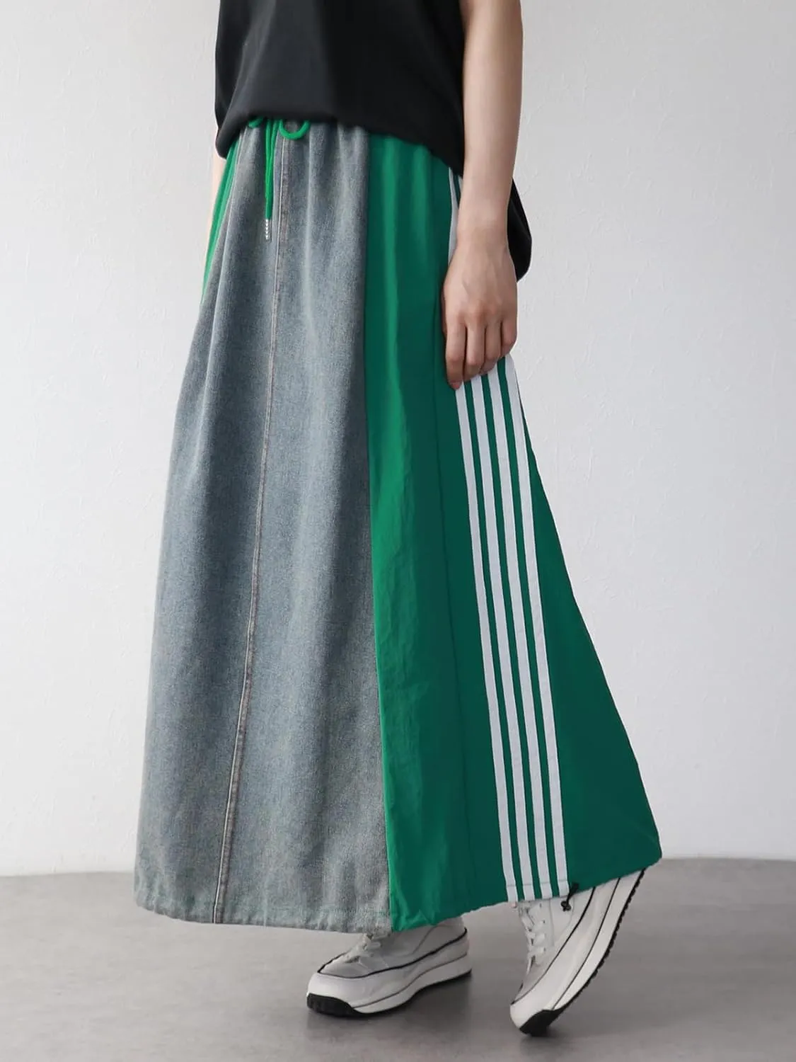 Angsuttc Long Denim Skirts for Women A Line Drawstring Jean Skirt Stripes Patchwork Elastic High Waist Maxi Skirt Pockets