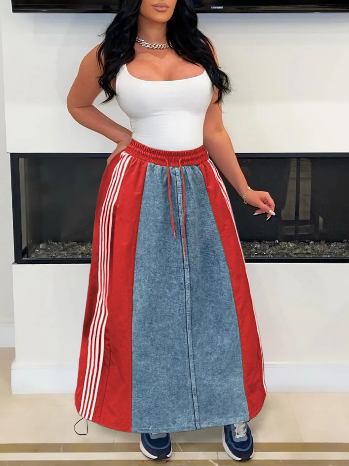 Angsuttc Long Denim Skirts for Women A Line Drawstring Jean Skirt Stripes Patchwork Elastic High Waist Maxi Skirt Pockets