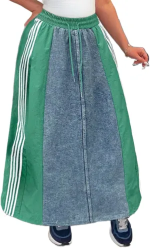 Angsuttc Long Denim Skirts for Women A Line Drawstring Jean Skirt Stripes Patchwork Elastic High Waist Maxi Skirt Pockets
