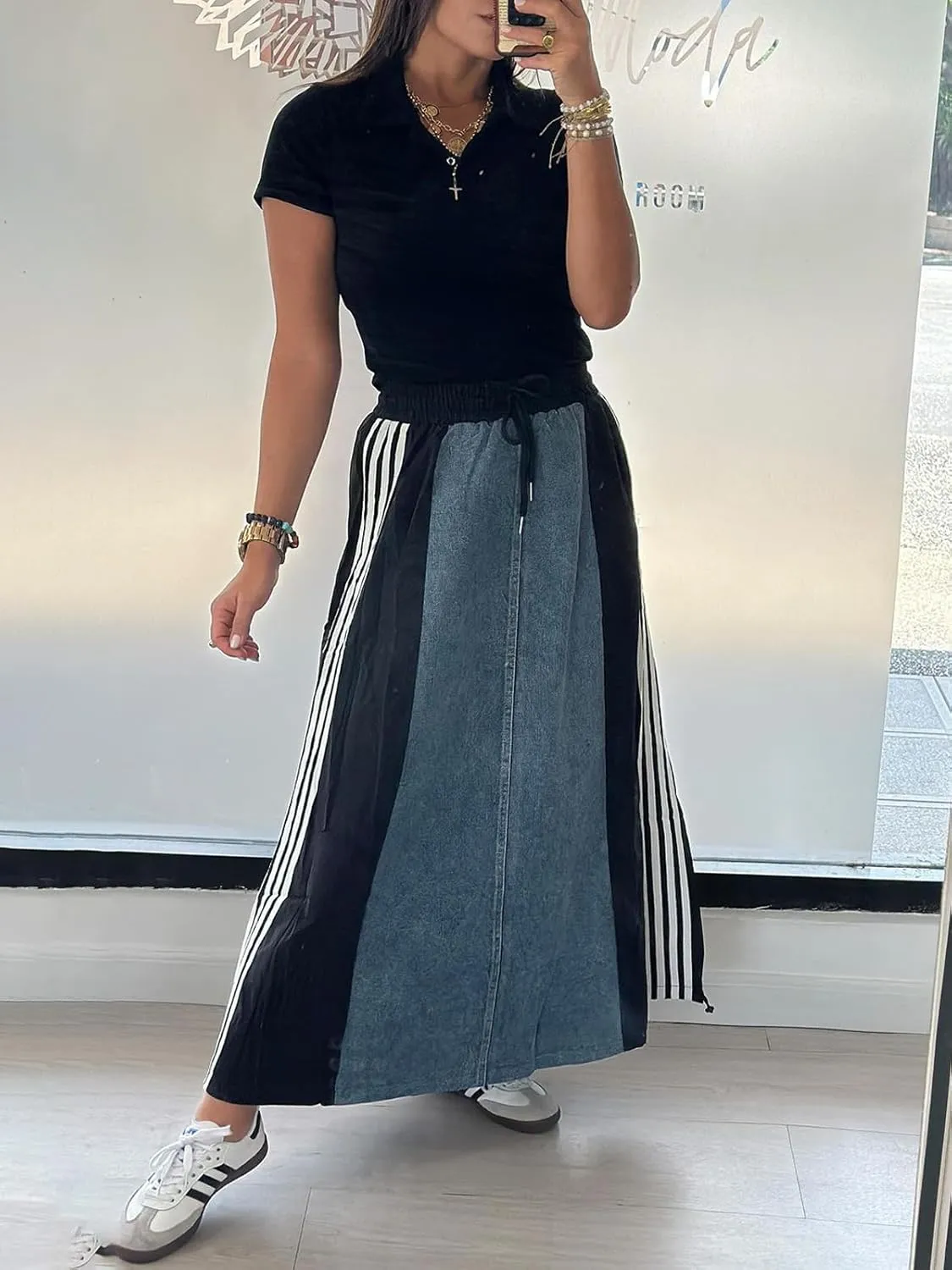 Angsuttc Long Denim Skirts for Women A Line Drawstring Jean Skirt Stripes Patchwork Elastic High Waist Maxi Skirt Pockets