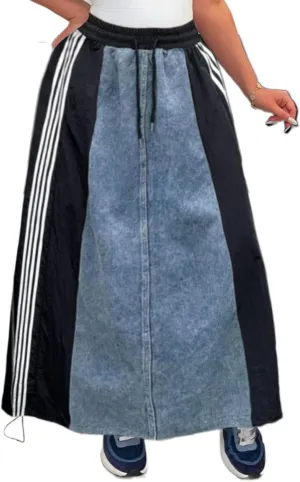 Angsuttc Long Denim Skirts for Women A Line Drawstring Jean Skirt Stripes Patchwork Elastic High Waist Maxi Skirt Pockets