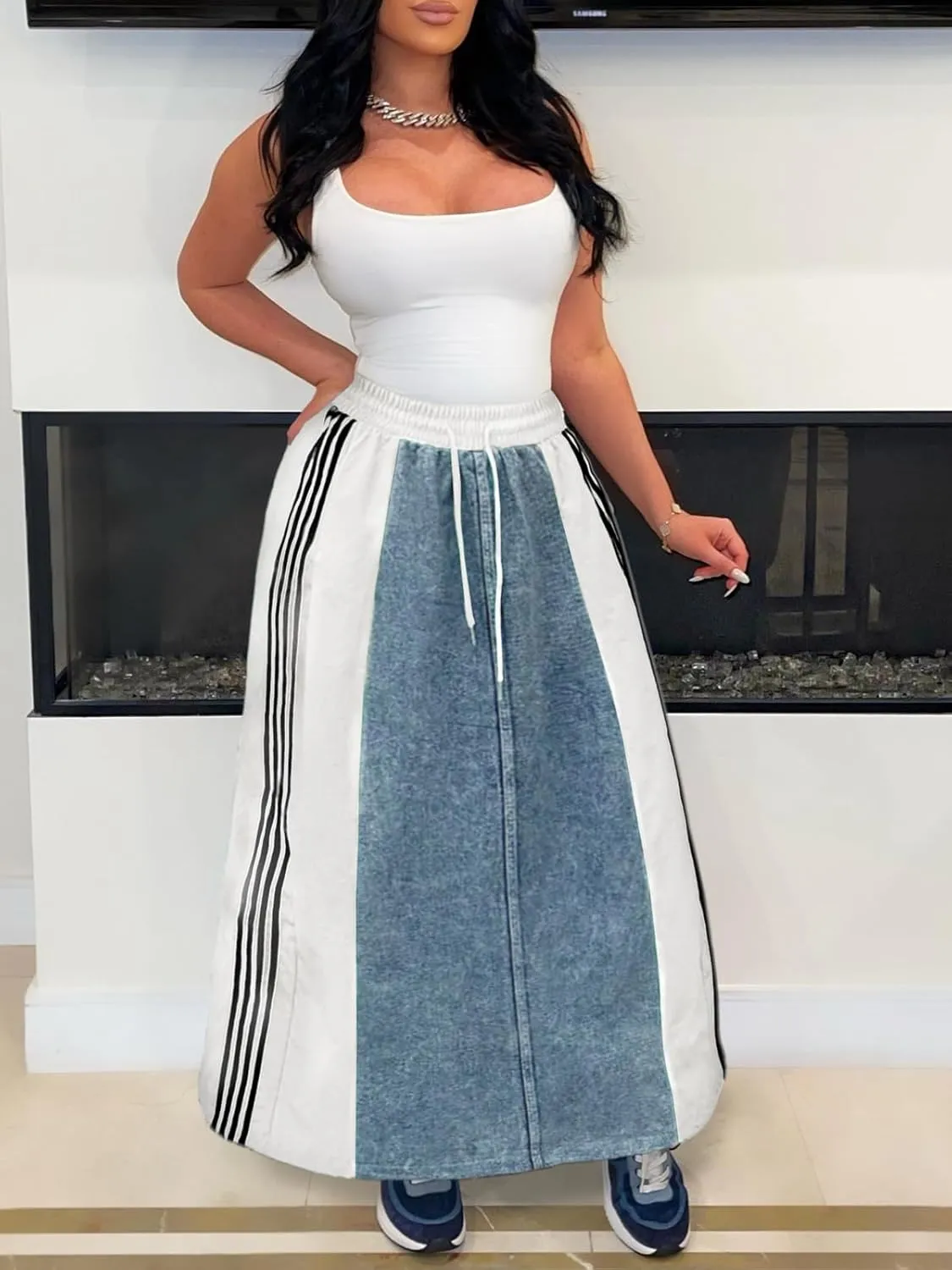 Angsuttc Long Denim Skirts for Women A Line Drawstring Jean Skirt Stripes Patchwork Elastic High Waist Maxi Skirt Pockets