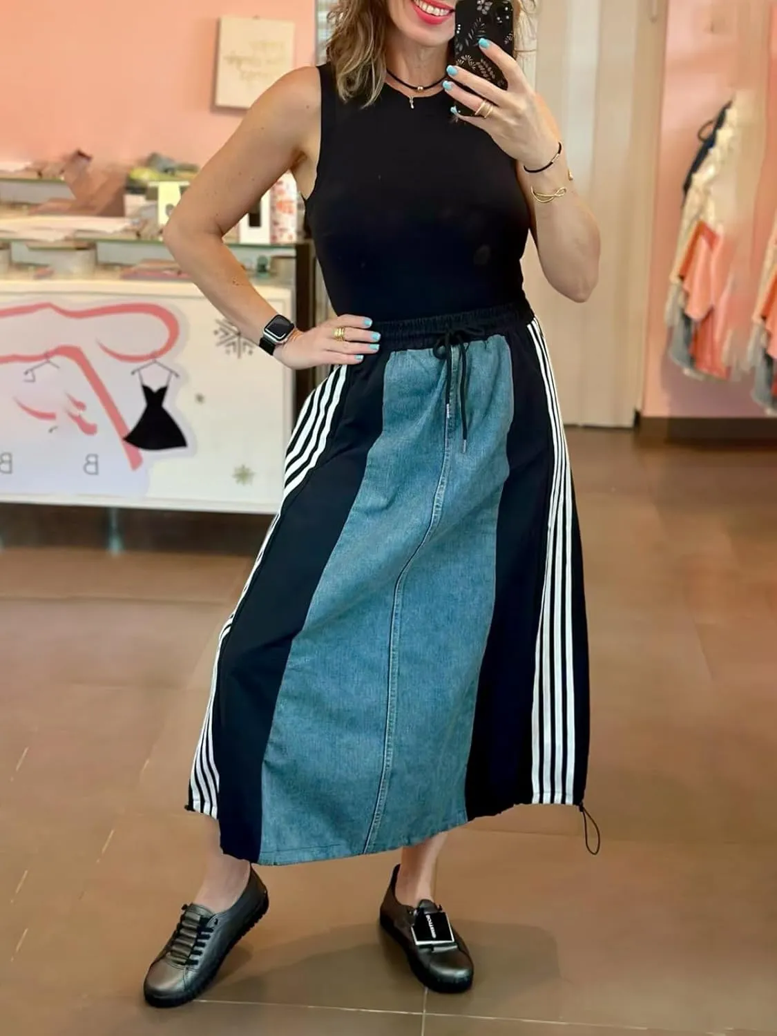 Angsuttc Long Denim Skirts for Women A Line Drawstring Jean Skirt Stripes Patchwork Elastic High Waist Maxi Skirt Pockets