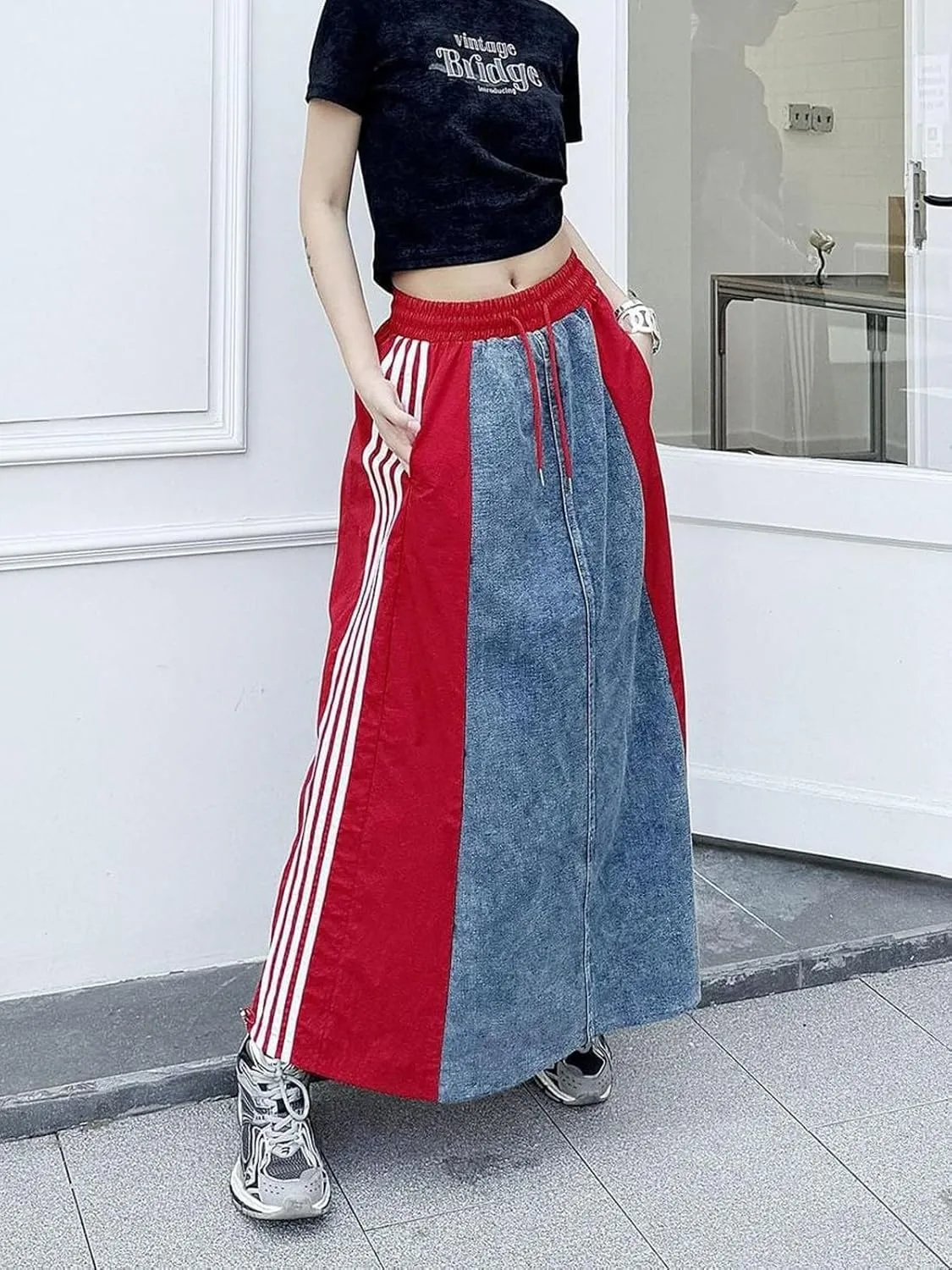 Angsuttc Long Denim Skirts for Women A Line Drawstring Jean Skirt Stripes Patchwork Elastic High Waist Maxi Skirt Pockets