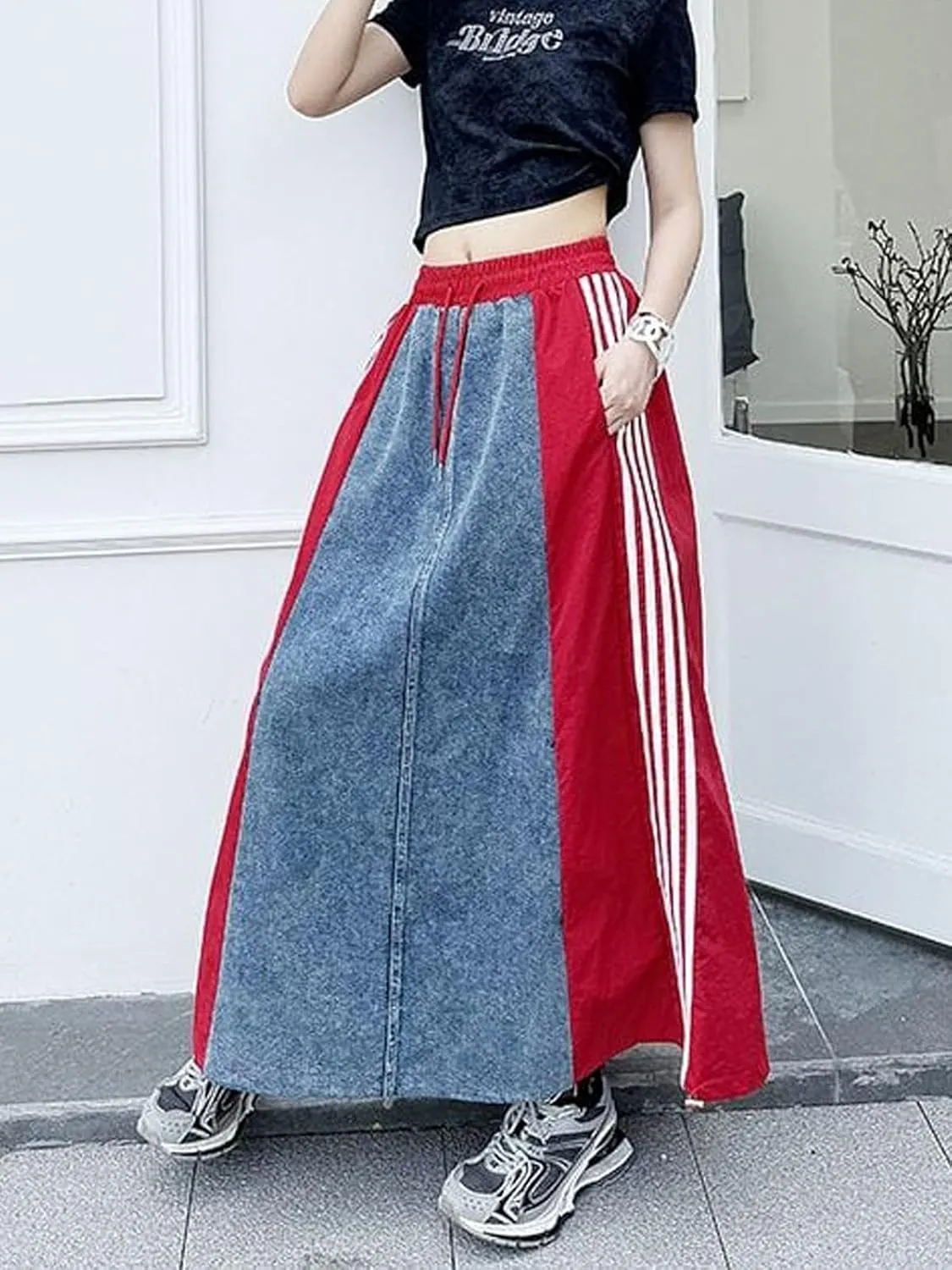 Angsuttc Long Denim Skirts for Women A Line Drawstring Jean Skirt Stripes Patchwork Elastic High Waist Maxi Skirt Pockets