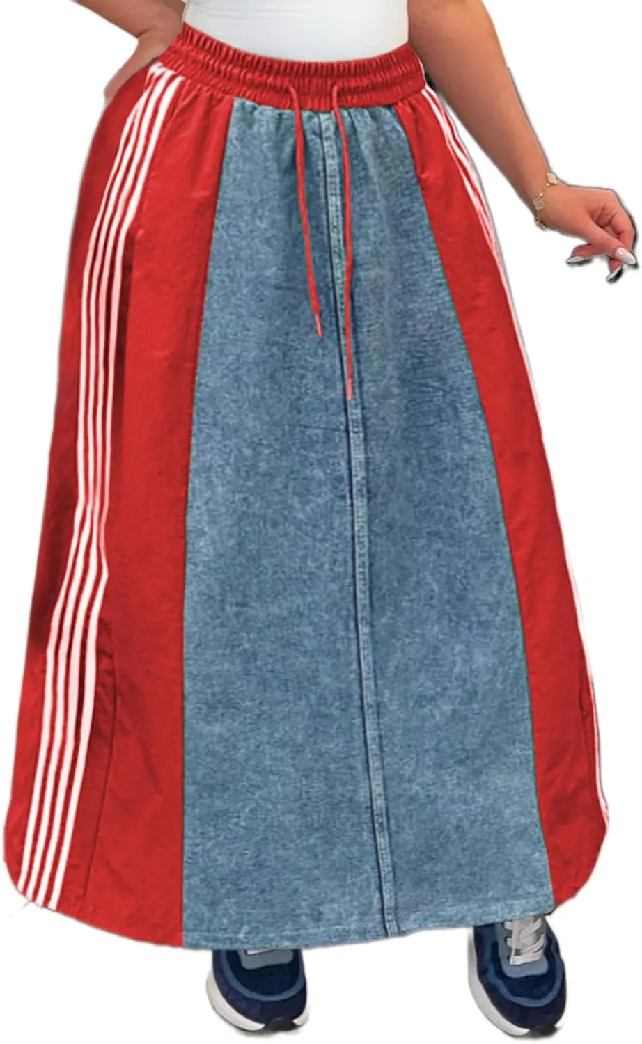 Angsuttc Long Denim Skirts for Women A Line Drawstring Jean Skirt Stripes Patchwork Elastic High Waist Maxi Skirt Pockets