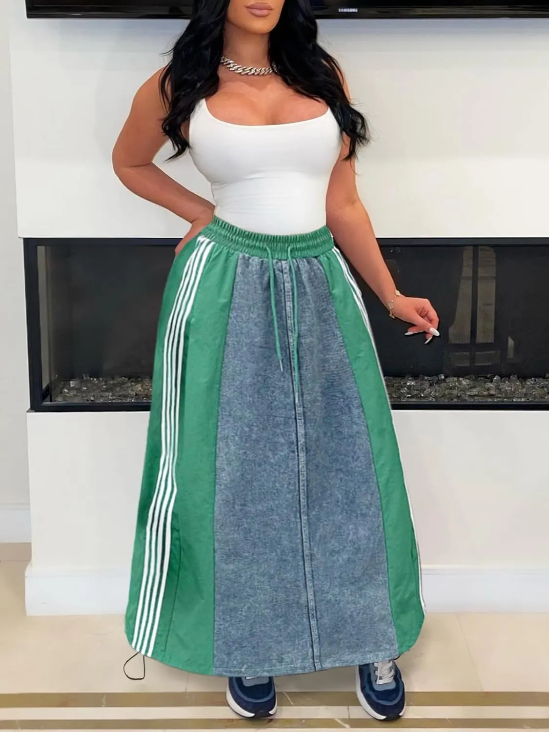 Angsuttc Long Denim Skirts for Women A Line Drawstring Jean Skirt Stripes Patchwork Elastic High Waist Maxi Skirt Pockets