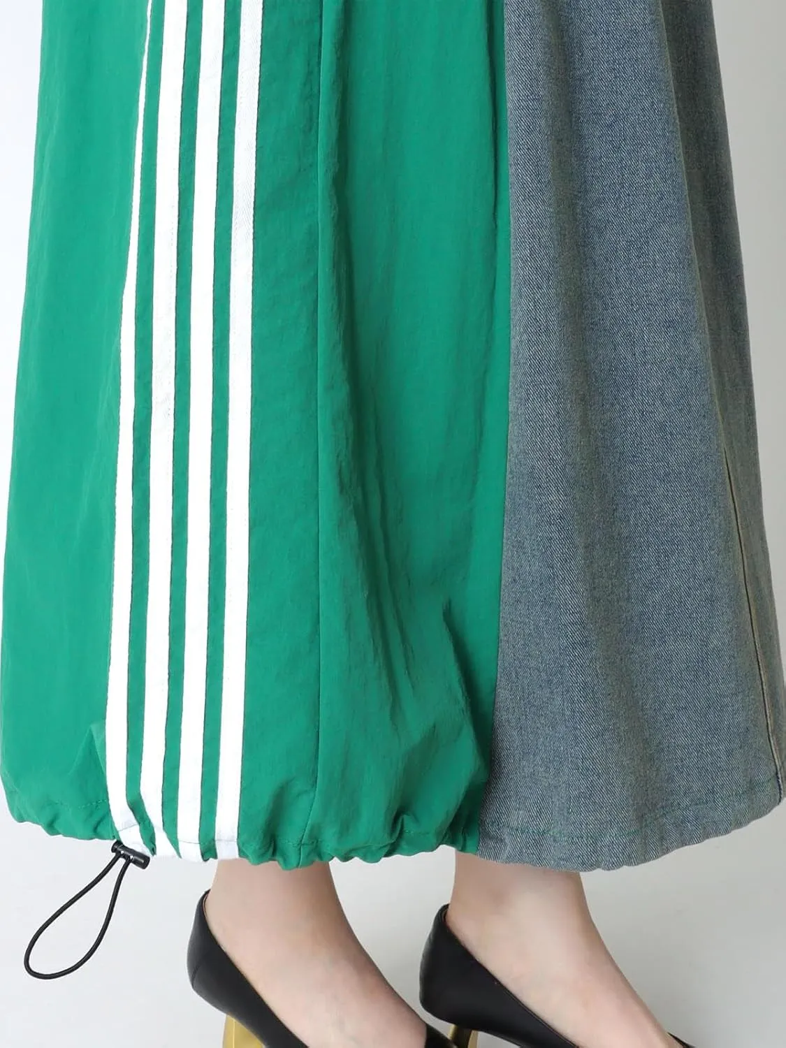 Angsuttc Long Denim Skirts for Women A Line Drawstring Jean Skirt Stripes Patchwork Elastic High Waist Maxi Skirt Pockets