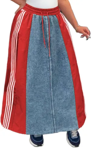 Angsuttc Long Denim Skirts for Women A Line Drawstring Jean Skirt Stripes Patchwork Elastic High Waist Maxi Skirt Pockets