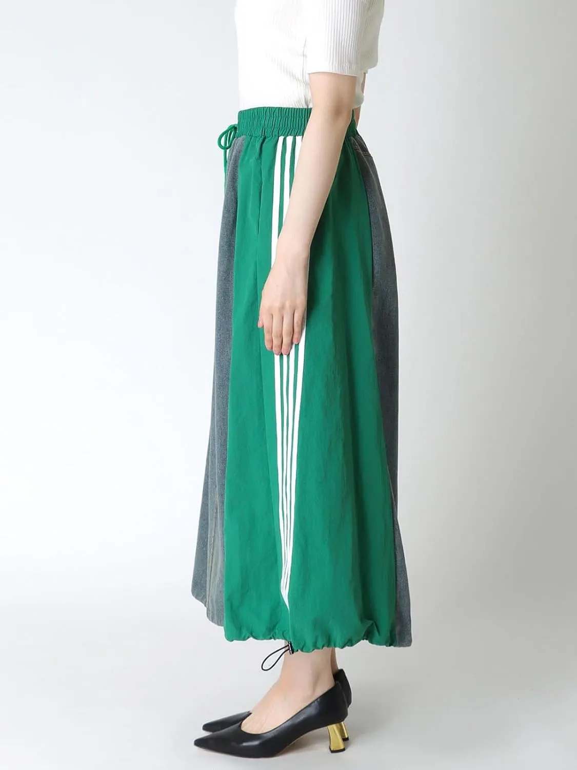 Angsuttc Long Denim Skirts for Women A Line Drawstring Jean Skirt Stripes Patchwork Elastic High Waist Maxi Skirt Pockets