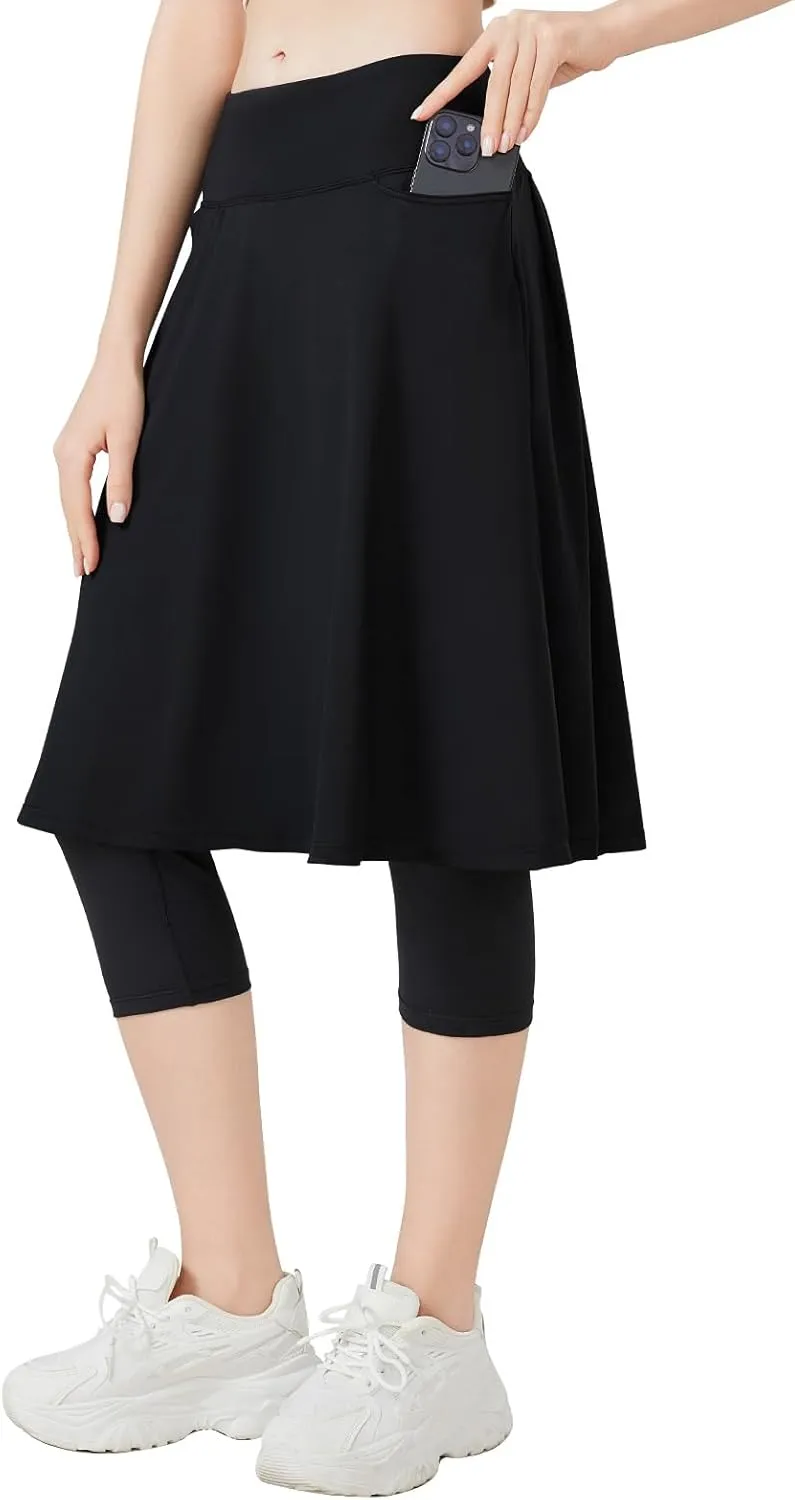 ANIVIVO Women Long Knee Length Skirted Leggings, Capris Leggings with Skirts High Waist
