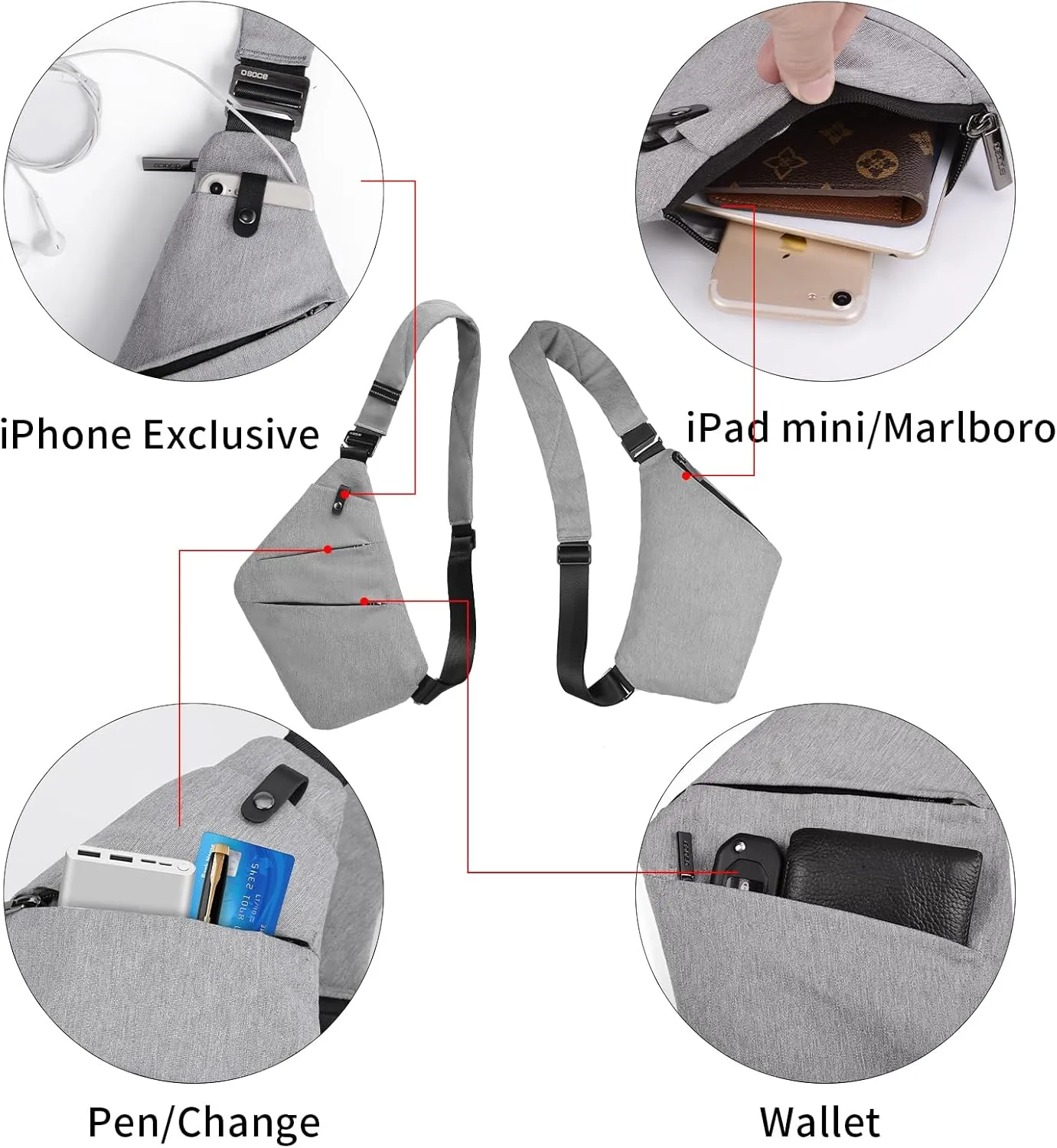 Anti Theft Crossbody Bags for Women and Men, Sling Bag for Women and Men, Waterproof Wander Bag for Sports, Hiking, Travel, 1.0S Light Grey