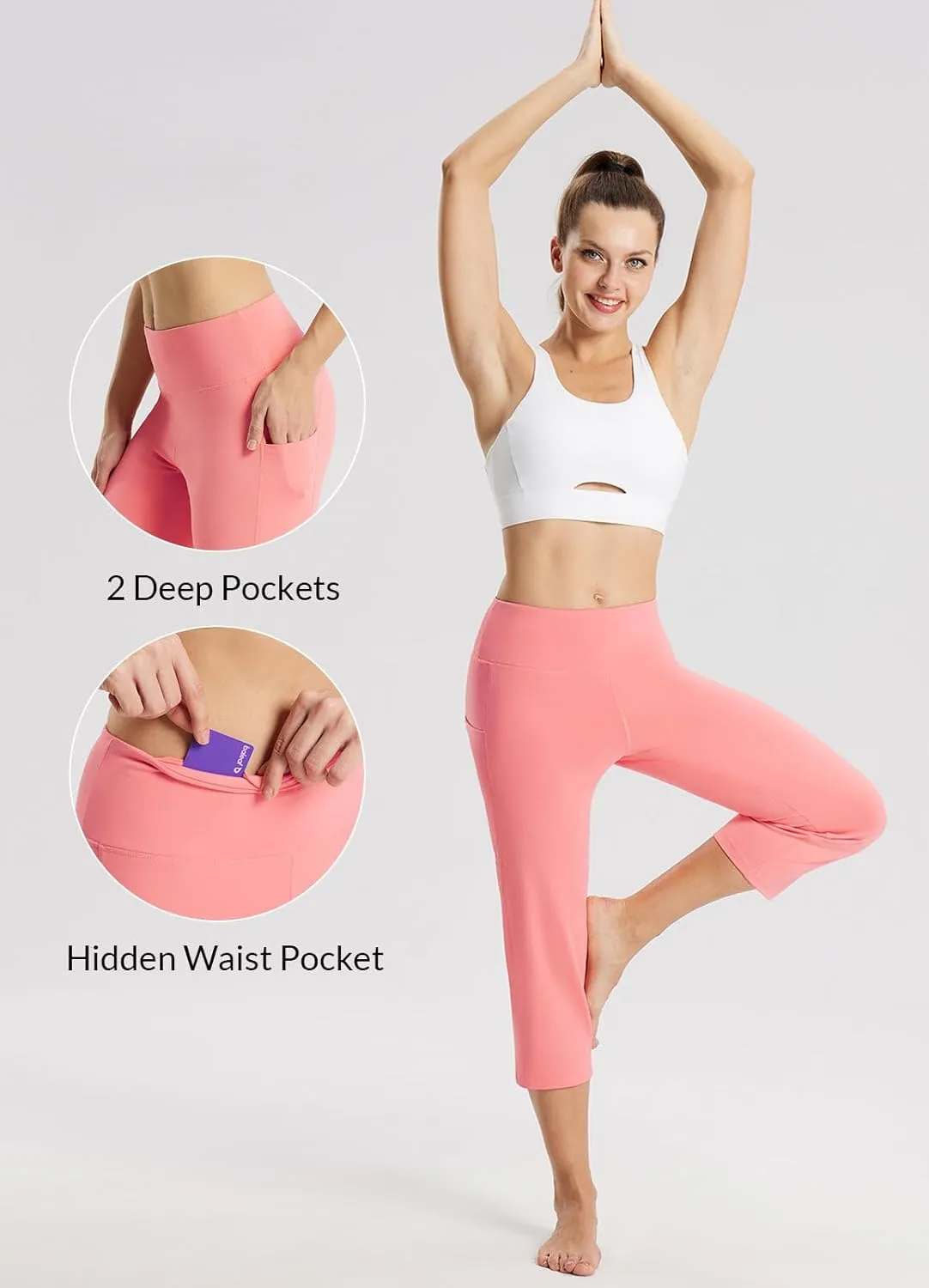 baleaf Womens Yoga Capri Pants High Waist Capri Leggings with Pockets Wide Leg Crop Exercise Workout Summer Pants
