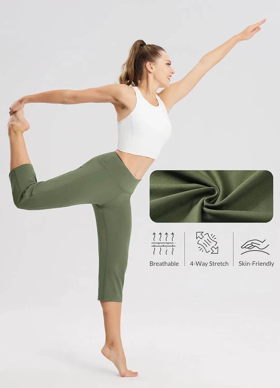 baleaf Womens Yoga Capri Pants High Waist Capri Leggings with Pockets Wide Leg Crop Exercise Workout Summer Pants