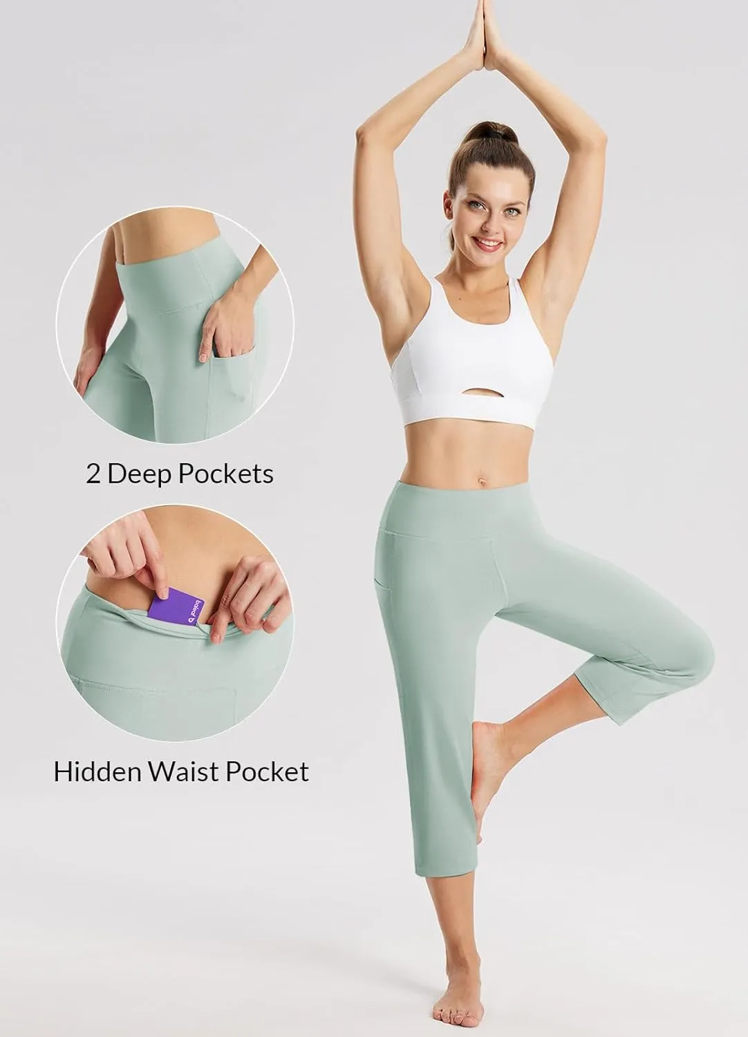 baleaf Womens Yoga Capri Pants High Waist Capri Leggings with Pockets Wide Leg Crop Exercise Workout Summer Pants