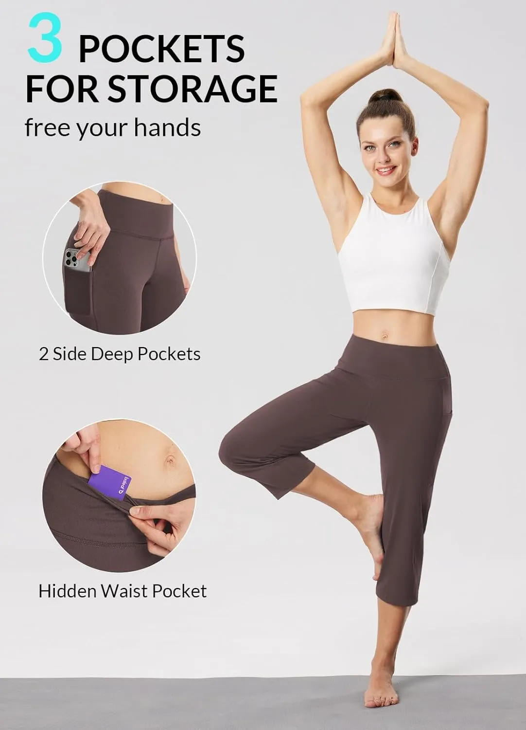 baleaf Womens Yoga Capri Pants High Waist Capri Leggings with Pockets Wide Leg Crop Exercise Workout Summer Pants