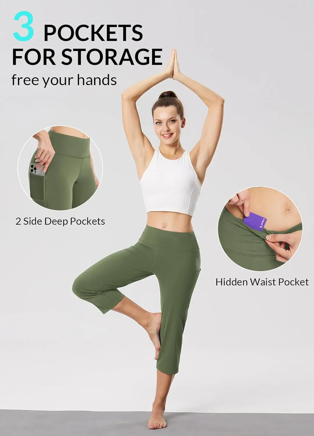 baleaf Womens Yoga Capri Pants High Waist Capri Leggings with Pockets Wide Leg Crop Exercise Workout Summer Pants