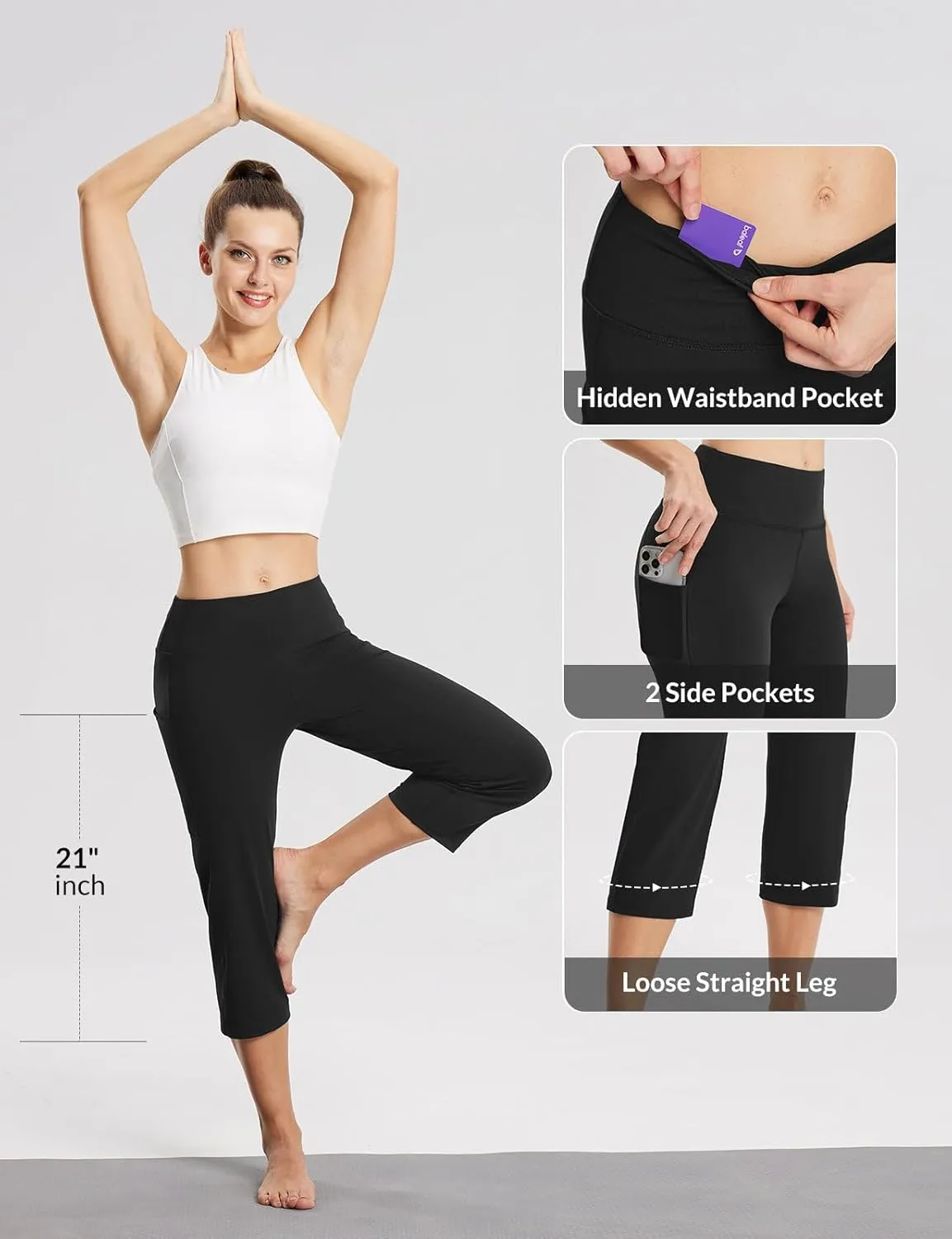baleaf Womens Yoga Capri Pants High Waist Capri Leggings with Pockets Wide Leg Crop Exercise Workout Summer Pants