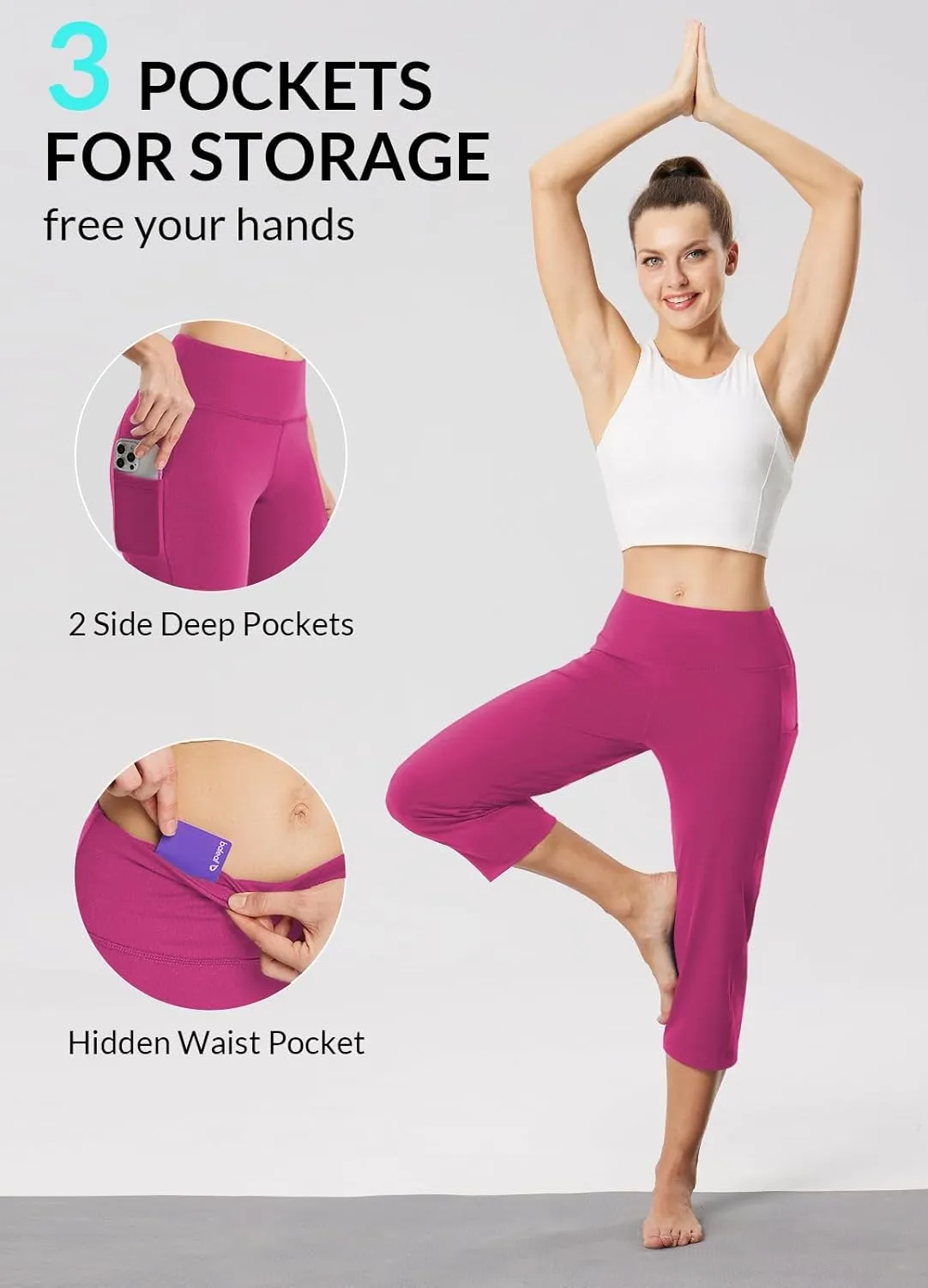 baleaf Womens Yoga Capri Pants High Waist Capri Leggings with Pockets Wide Leg Crop Exercise Workout Summer Pants