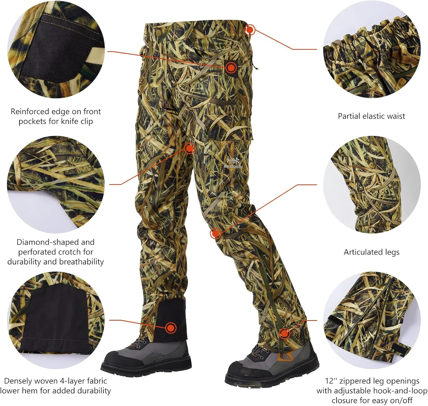 BASSDASH Walker Mens Waterproof Breathable Hunting Pants with Silent Outer Fabric for Fishing Turkey Upland