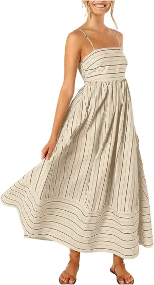 Beach Dresses for Women Summer Striped Back Smocked Maxi Dress Spaghetti Strap Cut Out Flowy A Line Long Sundresses