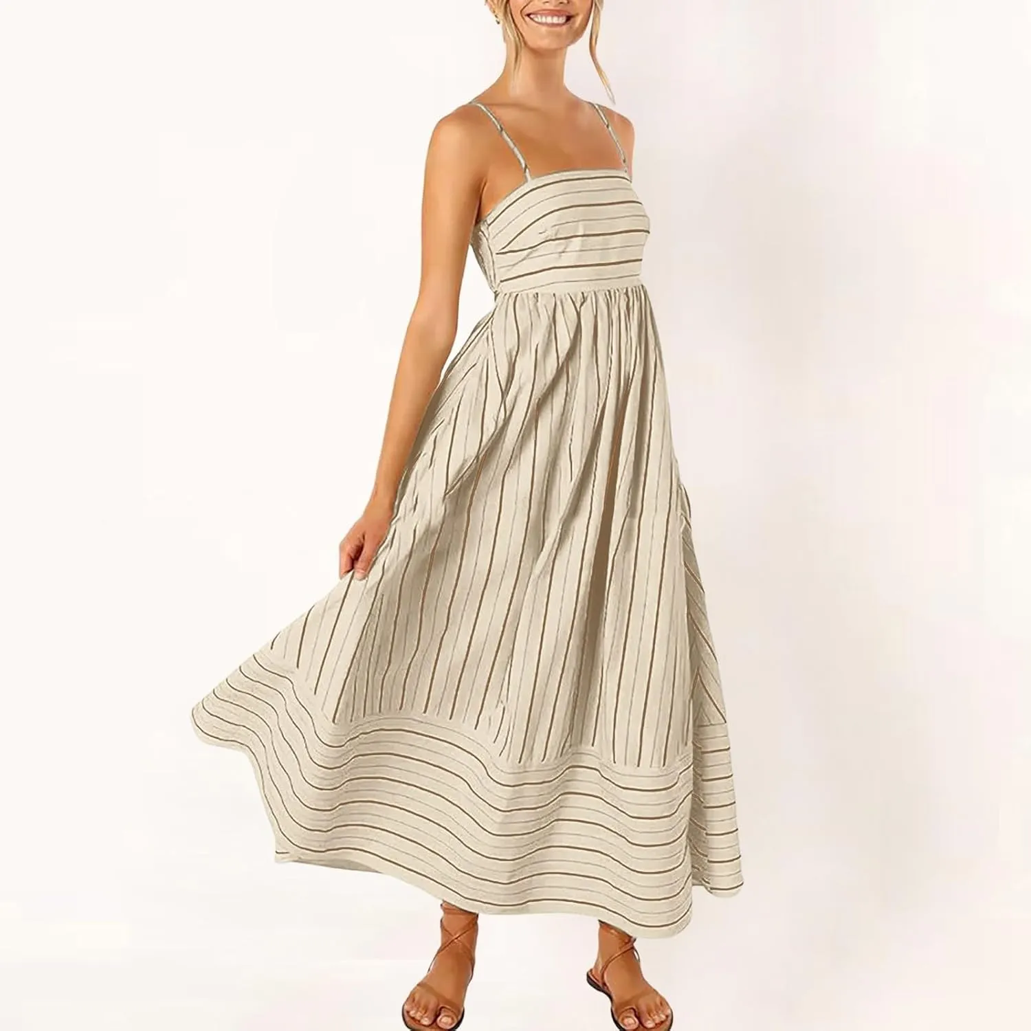 Beach Dresses for Women Summer Striped Back Smocked Maxi Dress Spaghetti Strap Cut Out Flowy A Line Long Sundresses