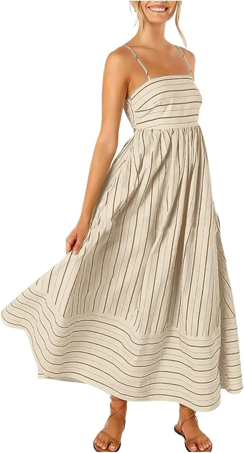 Beach Dresses for Women Summer Striped Back Smocked Maxi Dress Spaghetti Strap Cut Out Flowy A Line Long Sundresses