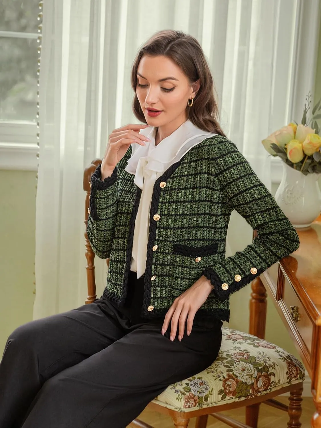 Belle Poque Women Cardigan Sweaters Tweed Pattern Jacket V Neck Sweater Blazer with Button for Fall Winter Spring
