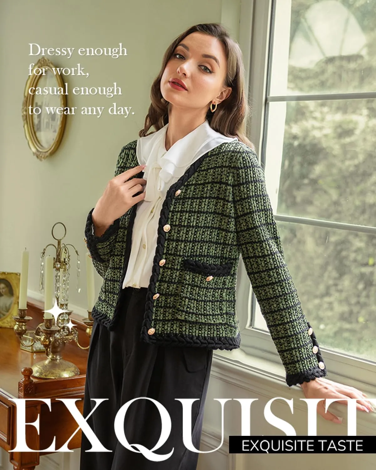 Belle Poque Women Cardigan Sweaters Tweed Pattern Jacket V Neck Sweater Blazer with Button for Fall Winter Spring