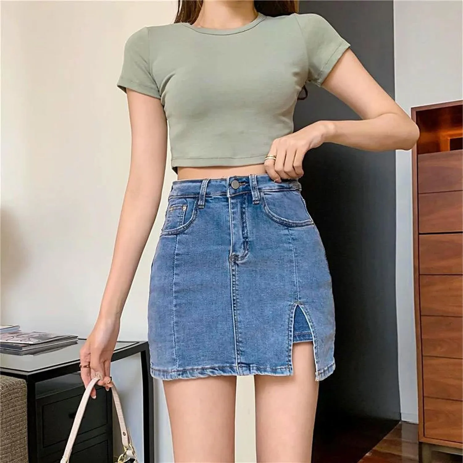 Bloomy Skorts, Bloomy Jean Skort, High Waisted Side Split Mini Casual Skirts, Jean Shorts for Womens