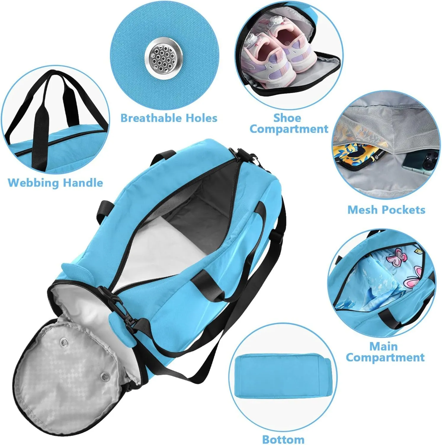 Blue Color Kids Cute Gym Bag with Shoes Compartment Lightweight Weekender Overnight Range Bag for Beach Swim Bags Pool Sports