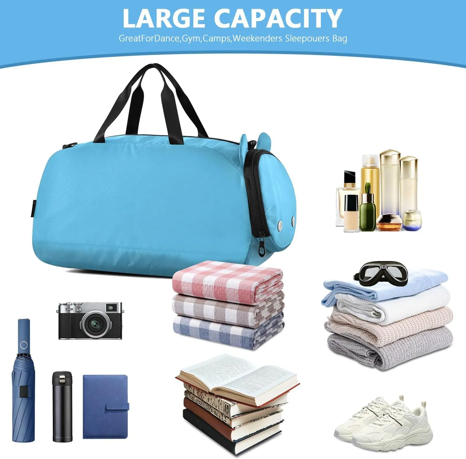 Blue Color Kids Cute Gym Bag with Shoes Compartment Lightweight Weekender Overnight Range Bag for Beach Swim Bags Pool Sports