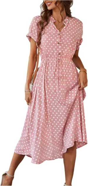 Boho Dresses for Women 2025 Summer Polka Dot Short Sleeve V Neck Button Down Midi Dresses Formal Long Dress