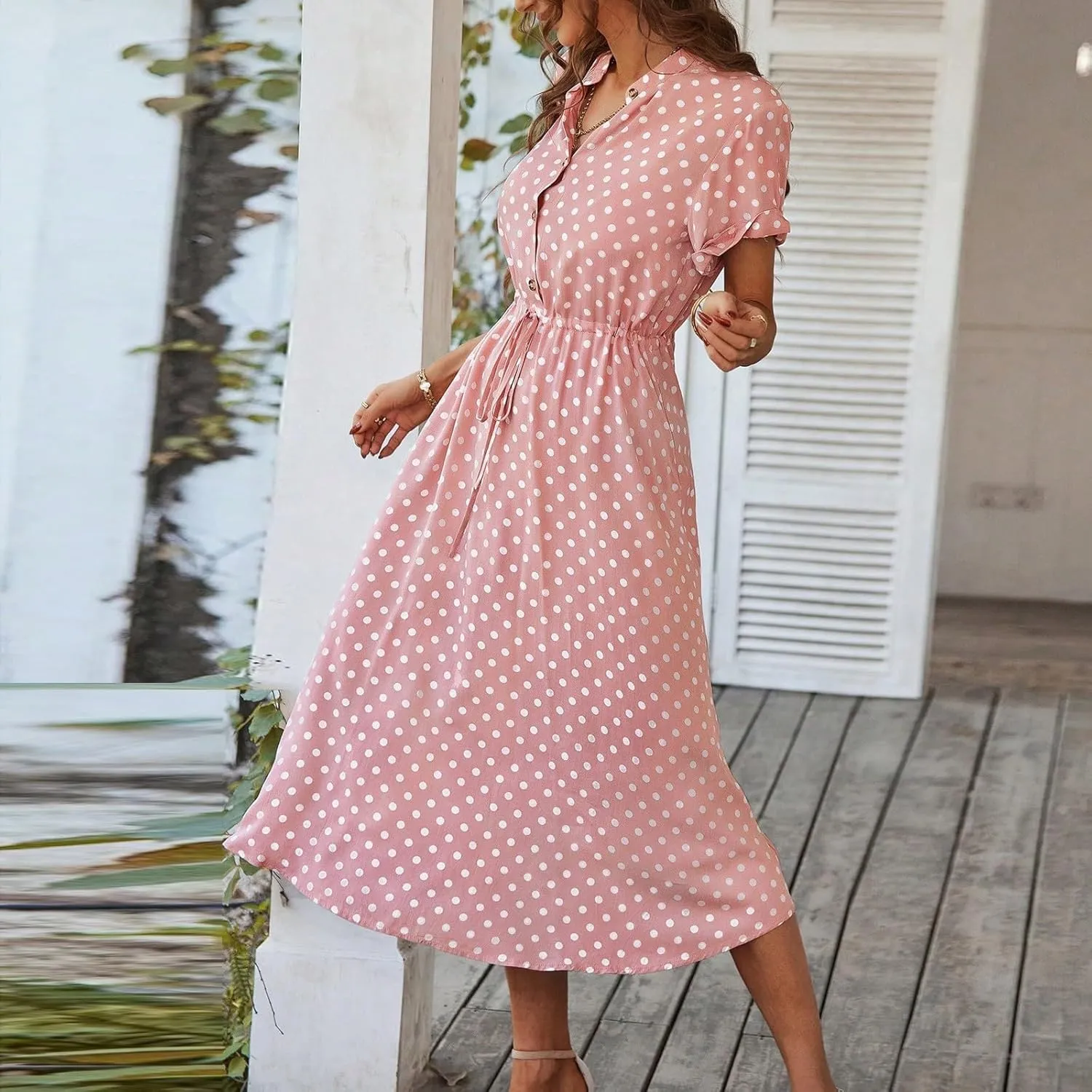 Boho Dresses for Women 2025 Summer Polka Dot Short Sleeve V Neck Button Down Midi Dresses Formal Long Dress