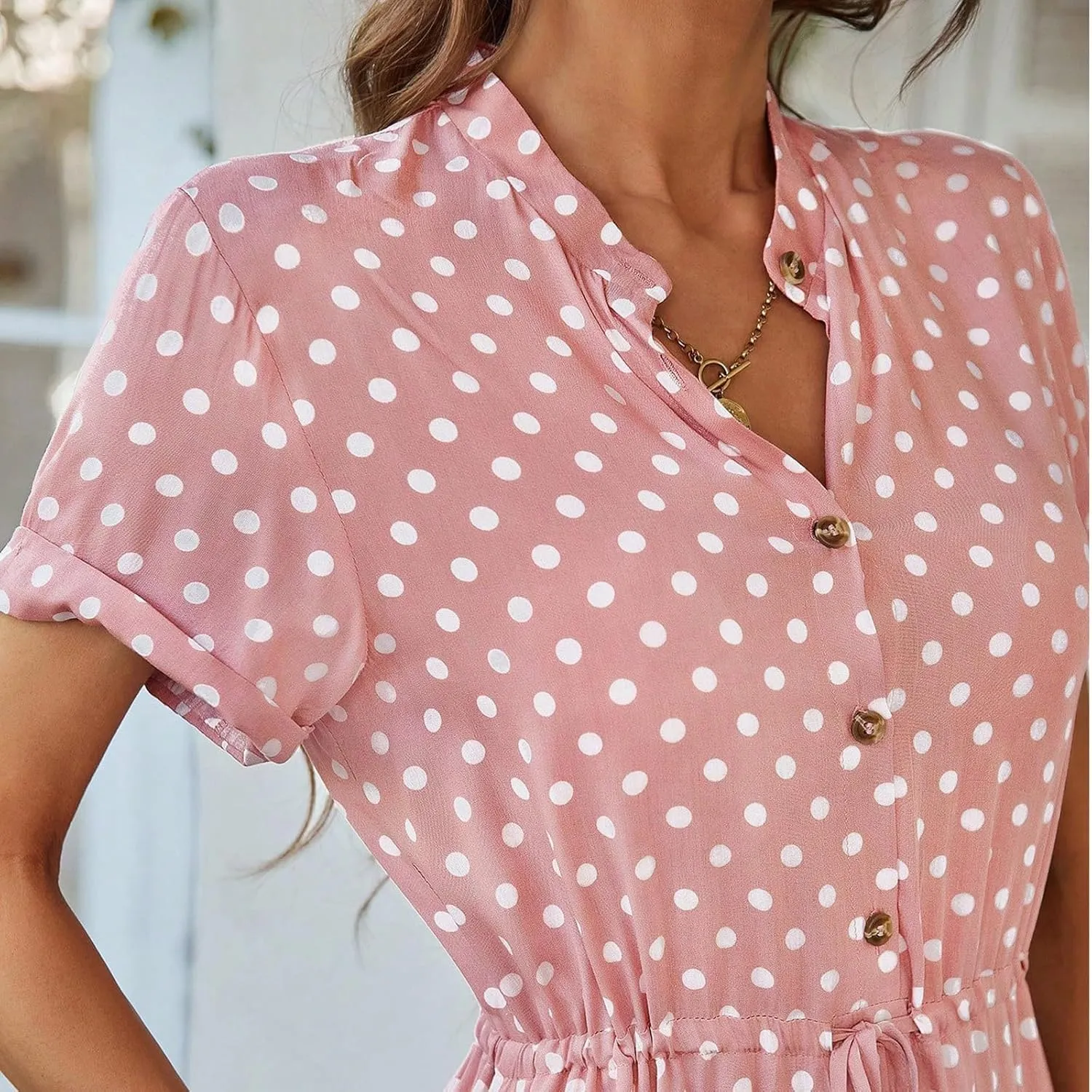 Boho Dresses for Women 2025 Summer Polka Dot Short Sleeve V Neck Button Down Midi Dresses Formal Long Dress