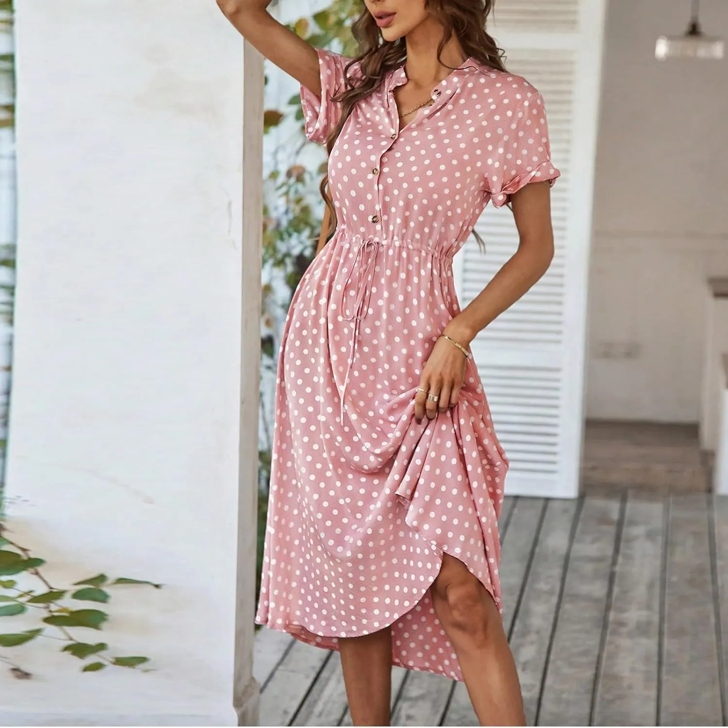 Boho Dresses for Women 2025 Summer Polka Dot Short Sleeve V Neck Button Down Midi Dresses Formal Long Dress