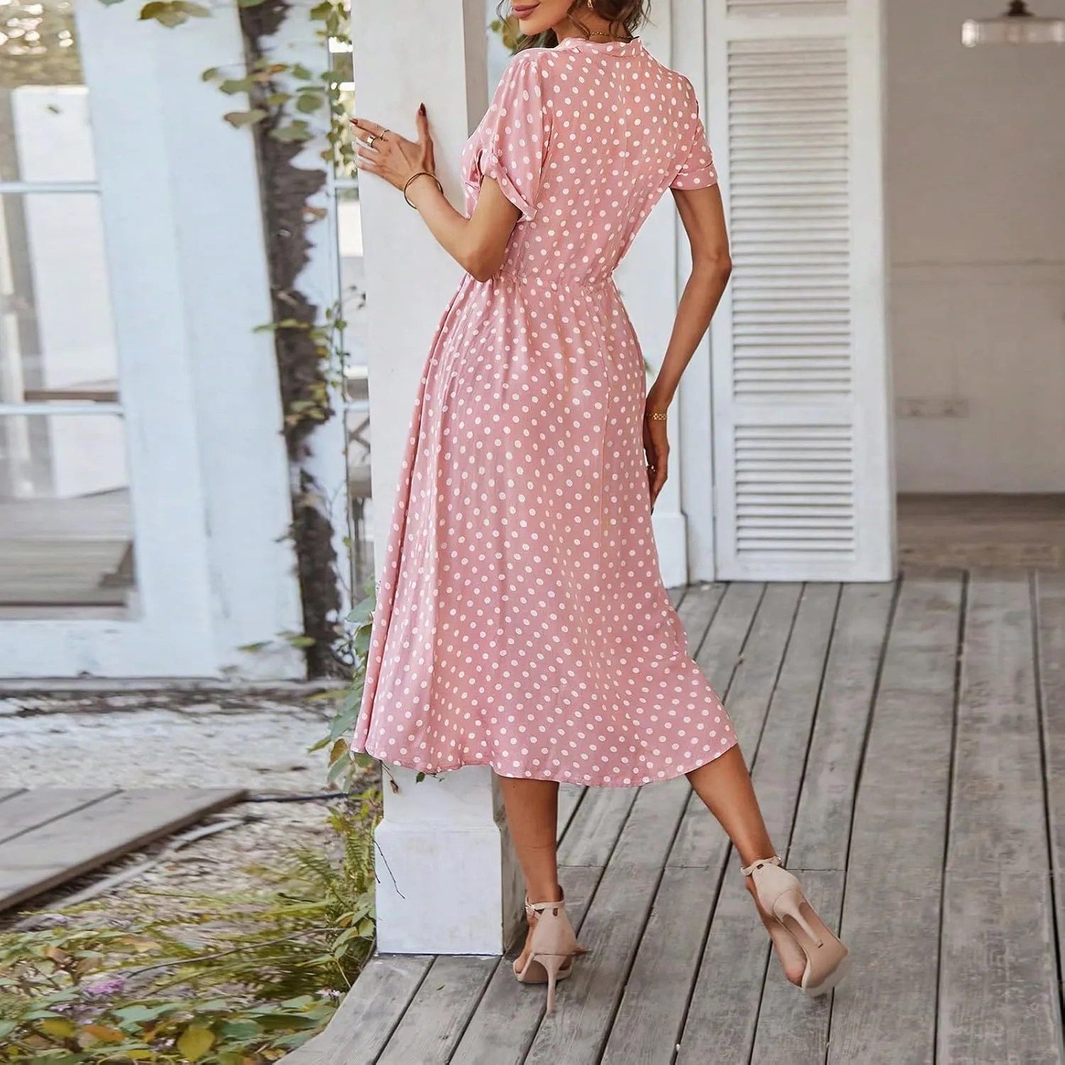 Boho Dresses for Women 2025 Summer Polka Dot Short Sleeve V Neck Button Down Midi Dresses Formal Long Dress
