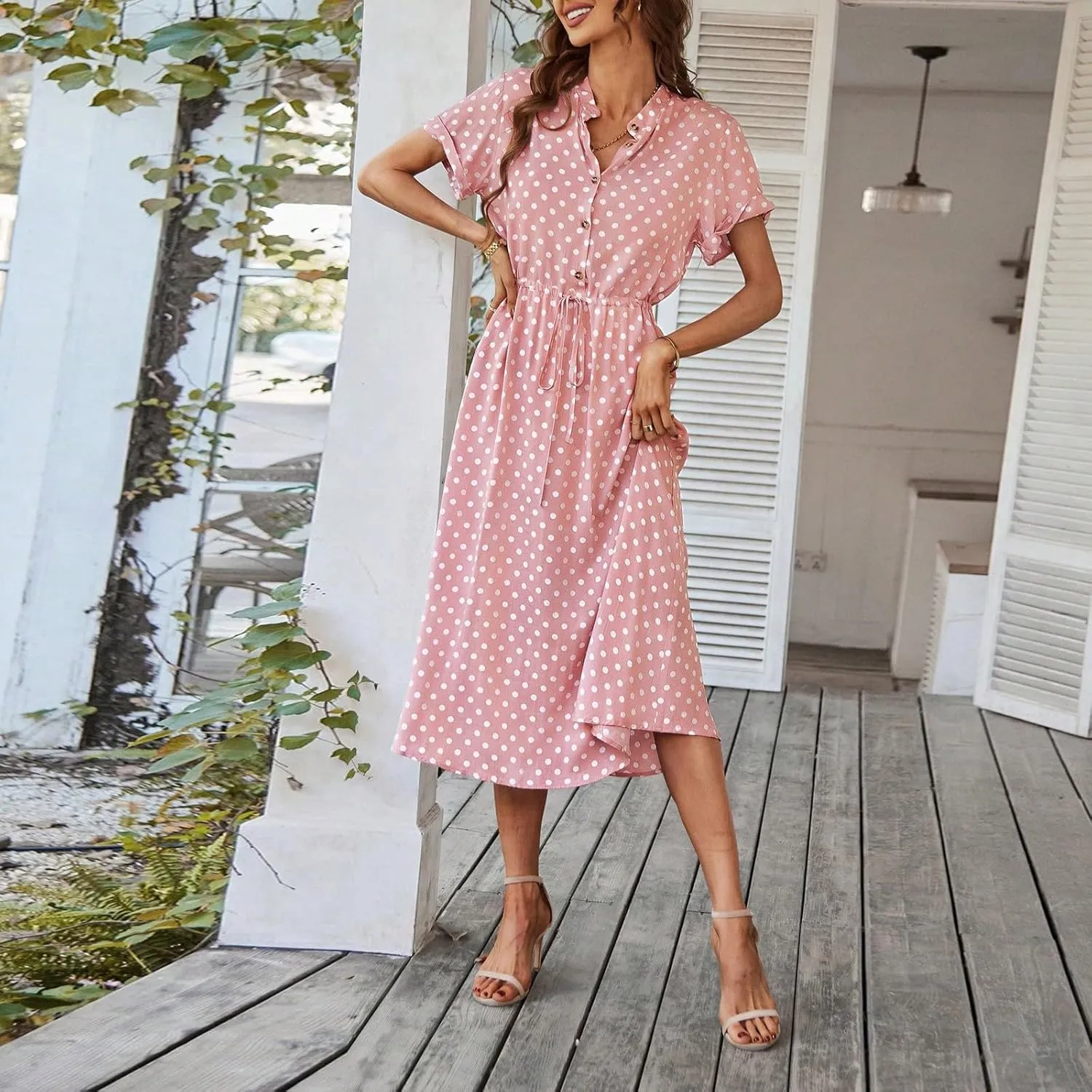 Boho Dresses for Women 2025 Summer Polka Dot Short Sleeve V Neck Button Down Midi Dresses Formal Long Dress