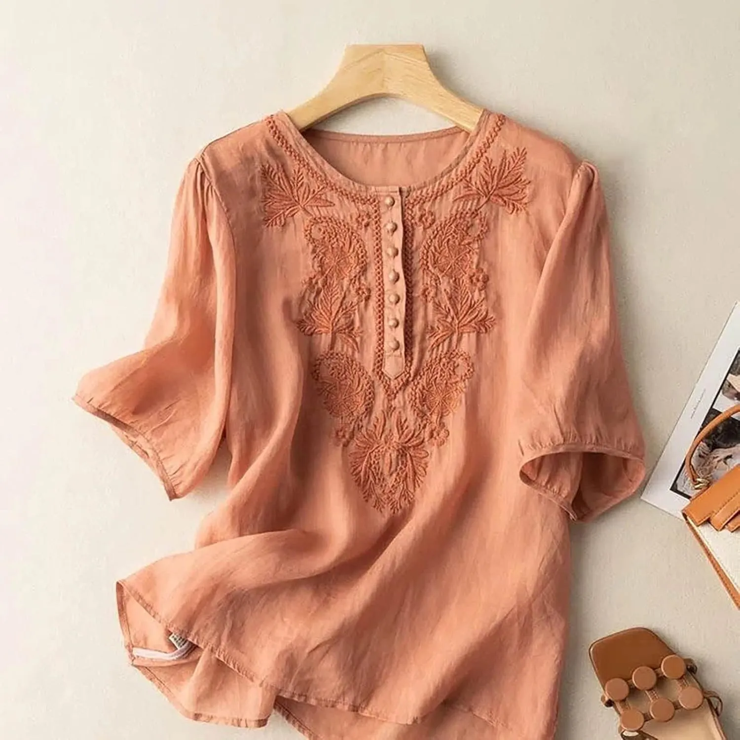 Boho Embroidered Tops for Women 2025 Cotton Linen Peasant Blouses Summer Lantern Sleeve Bohemian Shirts Tees Tunics