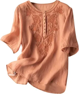 Boho Embroidered Tops for Women 2025 Cotton Linen Peasant Blouses Summer Lantern Sleeve Bohemian Shirts Tees Tunics