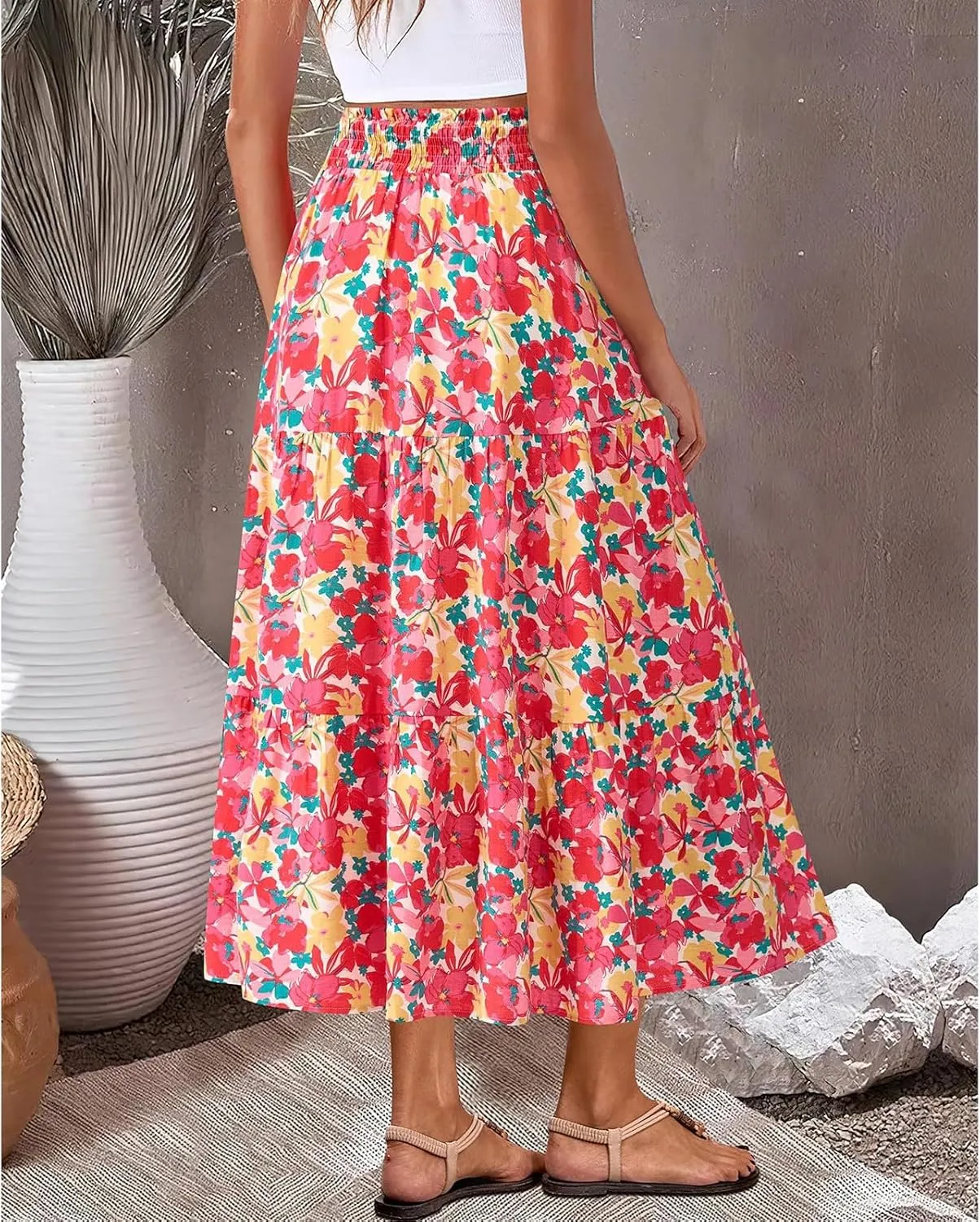 Boho Maxi Skirts for Women 2025 Tiered Floral Pleated Long Skirt Casual Hawaiian Elastic Waist Beach Flowy Skirt