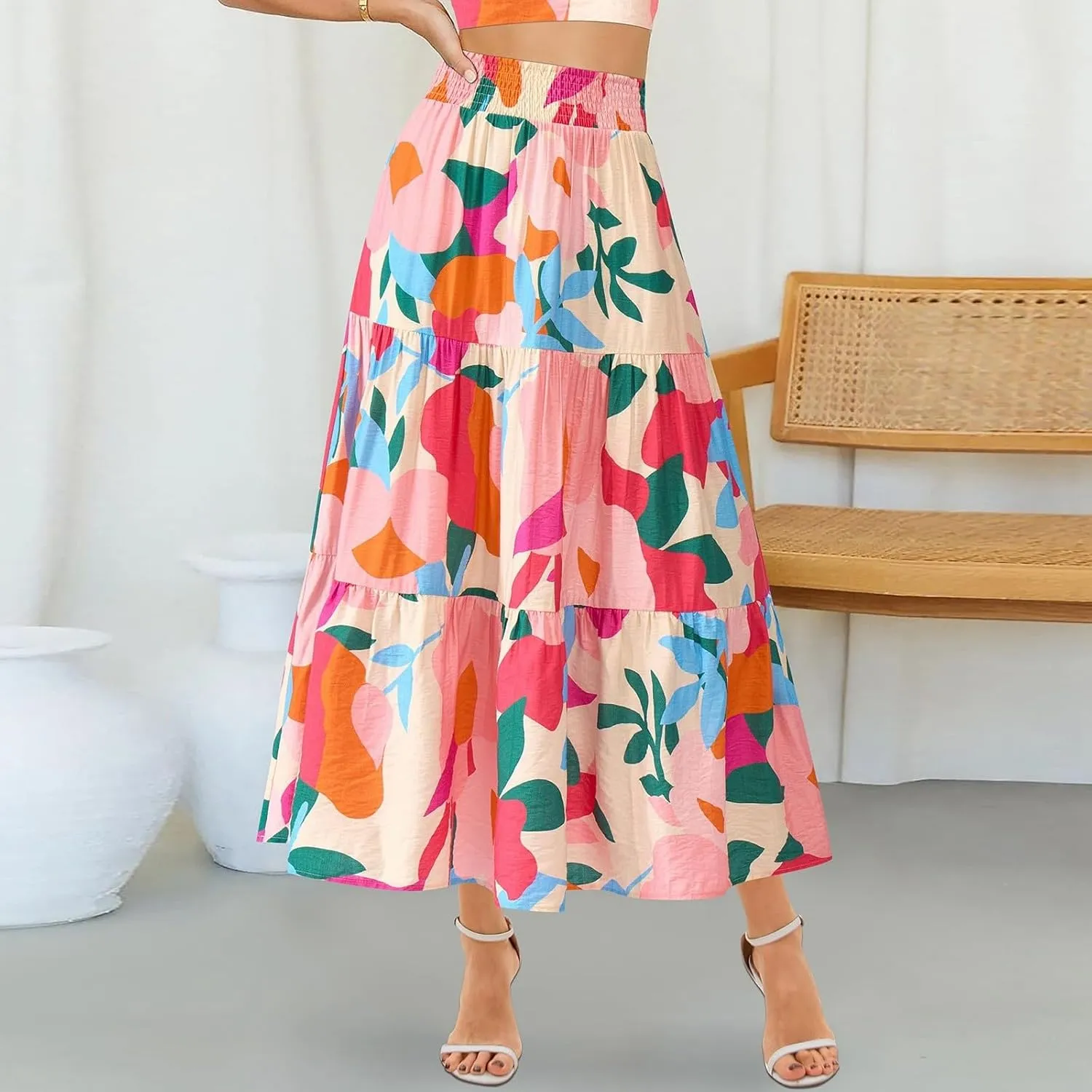 Boho Maxi Skirts for Women 2025 Tiered Floral Pleated Long Skirt Casual Hawaiian Elastic Waist Beach Flowy Skirt