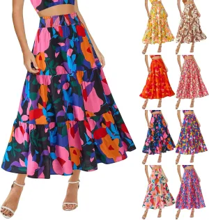 Boho Maxi Skirts for Women 2025 Tiered Floral Pleated Long Skirt Casual Hawaiian Elastic Waist Beach Flowy Skirt